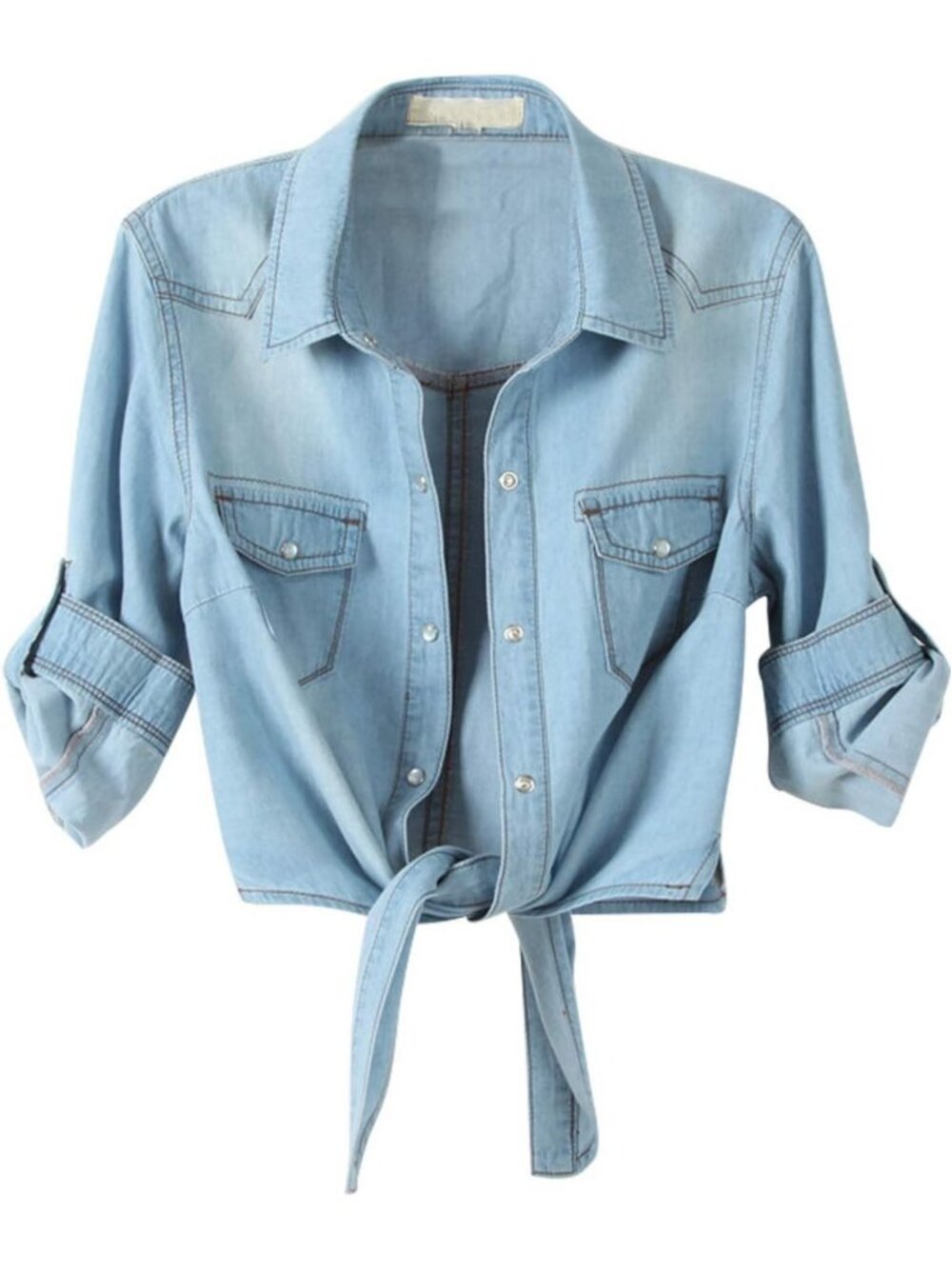 Chic Women's Crop Denim Top with Tie Knot - Stylish Chambray Cardigan Shirt